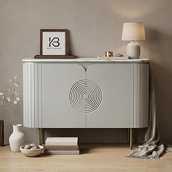 Solid Wood Mandala Sideboard Cabinet with Sintered Stone Top for Living Room | Premium Acrylic Silver Grey Finish | 119.8cm W x 39.8cm D x 85cm H