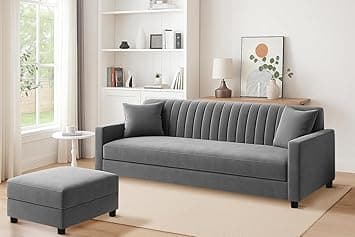 3 Seater Wooden Sofa Set with Ottoman, Velvet Fabric Couch, Durable & Space-Saving Design for Living Room, Office & Guest Use - Grey Color