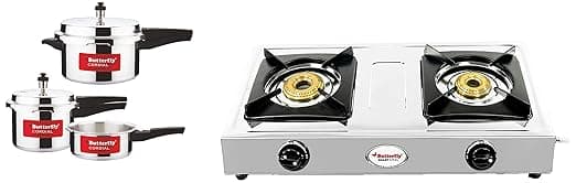Butterfly Cordial 2 L, 3 L & 5 L Non Induction Bottom Outer Lid Pressure Cooker (Aluminium, Silver), Small & Butterfly Smart 2 Burner Gas Stove, Manual Ignition, Sliver