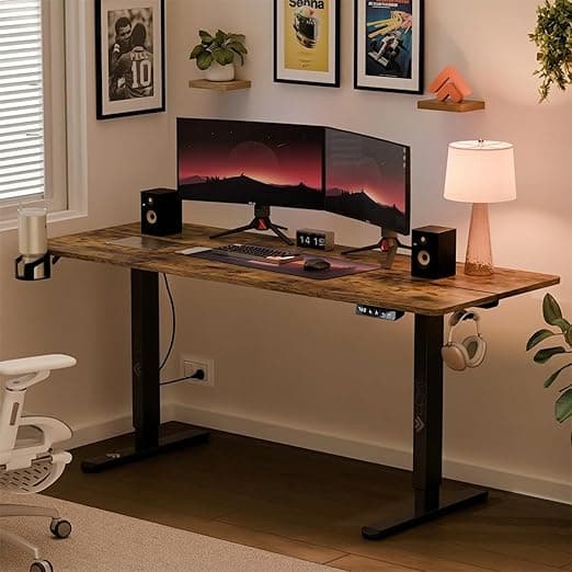 ARTIKEL Artidesk Eco Electric Height Adjustable Table for Office Work & Home-Sit Stand Gaming Desk 80kg Load, Cup Holder, 2 Hooks,Cable Organizer 2Split Tabletop (Rustic Brown, 140x60 CM)
