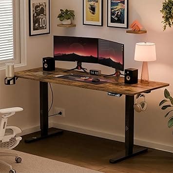 ARTIKEL Artidesk Eco Electric Height Adjustable Table for Office Work & Home-Sit Stand Gaming Desk 80kg Load, Cup Holder, 2 Hooks,Cable Organizer 2Split Tabletop (Rustic Brown, 140x60 CM)