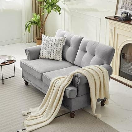FURNART FURNITURE & INTERIOR Aldro Sofa Set Button Tufted Design | Washable Velvet Fabric Upholstered Couch with Rolled Arms | Living Room Furniture (Light Grey, 2 Seater)