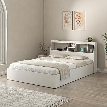 Spacewood Whitora Bed |King Size (78 X 72) Engineered Wood Bed with Box Type Storage | Shelfs in Headboard | 3 Year Warranty | Modern Design |Engineered Wood | Kingston White