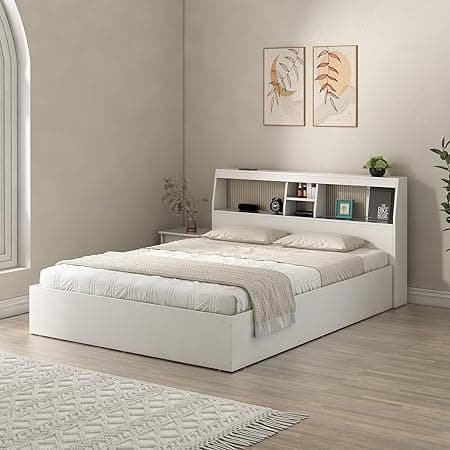 Spacewood Whitora Bed |King Size (78 X 72) Engineered Wood Bed with Box Type Storage | Shelfs in Headboard | 3 Year Warranty | Modern Design |Engineered Wood | Kingston White