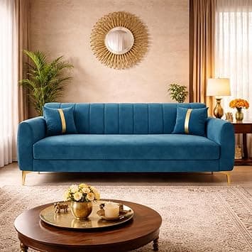 Hermione Luxe Velvet-Suede Fabric 3 Seater Sofa | Comfortable Seating | Modern Sofa for Living Room – Aqua Blue