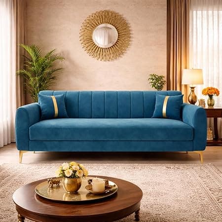 Hermione Luxe Velvet-Suede Fabric 3 Seater Sofa | Comfortable Seating | Modern Sofa for Living Room – Aqua Blue