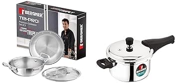 Bergner TriPro 4 Pcs Tri-Ply Stainless Steel Cookware Combo - 24cm/3L Kadai with Stainless Steel Lid, 22cm/1L Frypan, 3L Outer Lid Pressure Cooker, Consumes Less Oil, Healthy Cooking - Induction Base