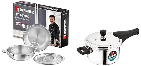 Bergner TriPro 4 Pcs Tri-Ply Stainless Steel Cookware Combo - 24cm/3L Kadai with Stainless Steel Lid, 22cm/1L Frypan, 3L Outer Lid Pressure Cooker, Consumes Less Oil, Healthy Cooking - Induction Base