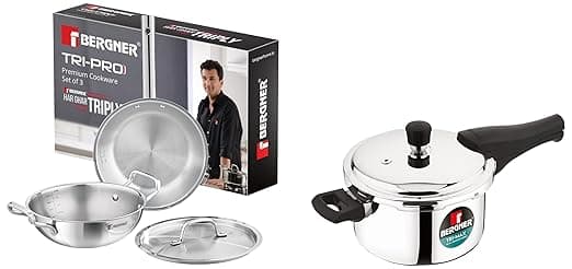 Bergner TriPro 4 Pcs Tri-Ply Stainless Steel Cookware Combo - 24cm/3L Kadai with Stainless Steel Lid, 22cm/1L Frypan, 3L Outer Lid Pressure Cooker, Consumes Less Oil, Healthy Cooking - Induction Base