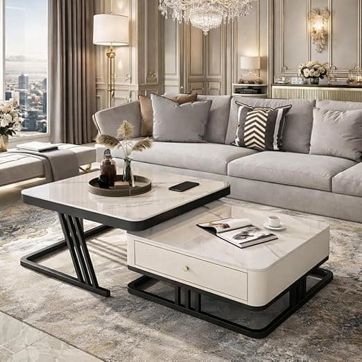 Two Square Stacking Nesting Coffee Tables with Metal Frames, Wooden Tops, and Handcrafted Drawers Make up This Contemporary Centre Couch Table for Living Rooms bedrooms, & Apartments (Bk Wht)