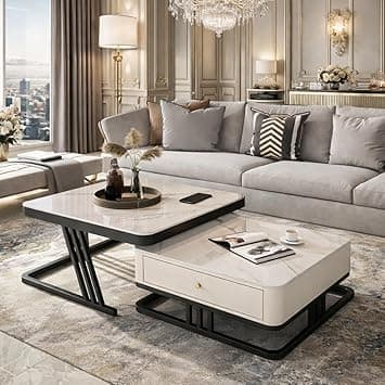 Two Square Stacking Nesting Coffee Tables with Metal Frames, Wooden Tops, and Handcrafted Drawers Make up This Contemporary Centre Couch Table for Living Rooms bedrooms, & Apartments (Bk Wht)