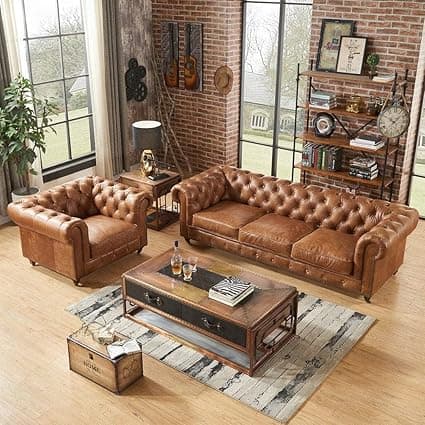 3+1=4 Seater Modern Classic Chesterfield Style Sectional Sofa Set for Living Room, Bedroom and Office and Hallway Colour (3+1=4 Seater Brown Leatherette)