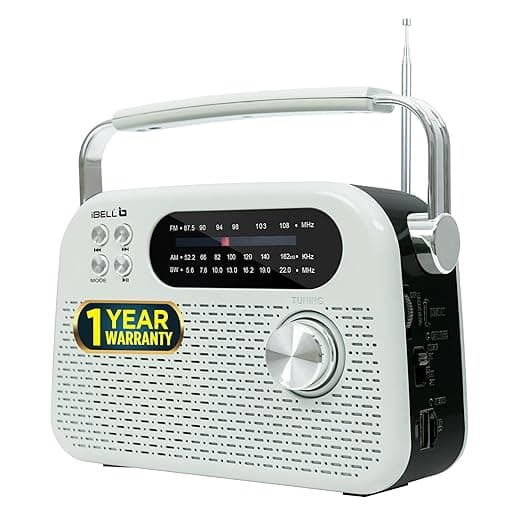 iBELL FM730BT Portable FM Radio with Bluetooth Speaker, USB & SD Card MP3 Player, Headphone Jack, Dynamic Sound, 3-Band Tuning, Rechargeable Battery with Type-C Charging Port (White)