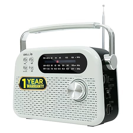 iBELL FM730BT Portable FM Radio with Bluetooth Speaker, USB & SD Card MP3 Player, Headphone Jack, Dynamic Sound, 3-Band Tuning, Rechargeable Battery with Type-C Charging Port (White)