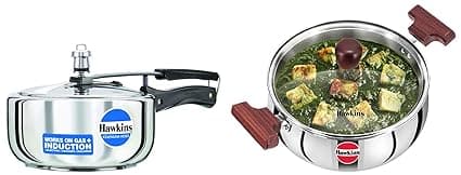 Hawkins 3 Litre Pressure Cooker Cooker,Wide Design Pan Cooker,Induction Cooker&Tri-Ply Stainless Steel Induction Compatible Cook N Serve Handi With Glass Lid,Capacity 3 L,Silver,3 Liter