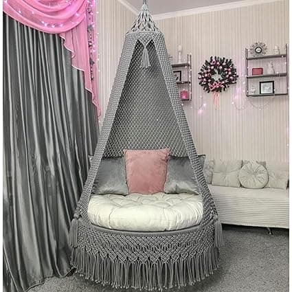 KAAHIRA Bohemian Macrame Hanging Swing Chair– Aesthetic Cotton Rope Hammock for Indoor & Outdoor – Patio, Balcony, Bedroom, Living Room, Garden–Kids, Adults & Pets – Boho Decor (Grey)