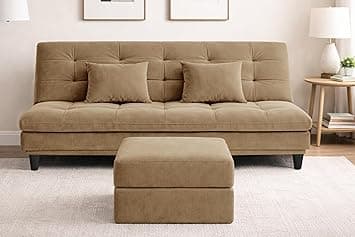 Modern Velvet Convertible 3-Seater Futon Sofa Bed with Ottoman – Tufted Sleeper Couch with Adjustable Backrest– Mid-Century Living Room Furniture-Golden