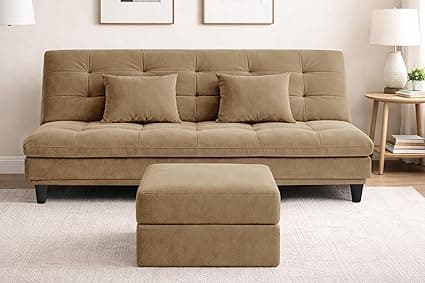 Modern Velvet Convertible 3-Seater Futon Sofa Bed with Ottoman – Tufted Sleeper Couch with Adjustable Backrest– Mid-Century Living Room Furniture-Golden
