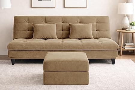 Modern Velvet Convertible 3-Seater Futon Sofa Bed with Ottoman – Tufted Sleeper Couch with Adjustable Backrest– Mid-Century Living Room Furniture-Golden