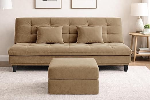 Modern Velvet Convertible 3-Seater Futon Sofa Bed with Ottoman – Tufted Sleeper Couch with Adjustable Backrest– Mid-Century Living Room Furniture-Golden