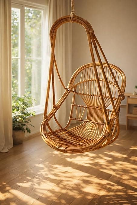 Handicrafts Hanging Chair Wooden Bamboo Jhula Cane Swing Chair for Comfort Indoor & Outdoor for Kids, Adults with Cushion, Maximum Weight 100 Kg