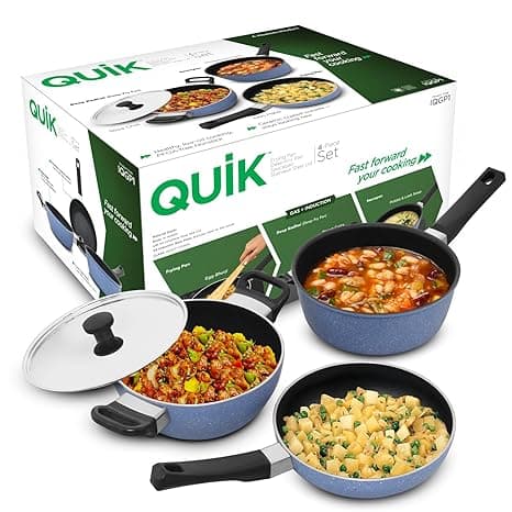 Hawkins Quik Nonstick Induction 4 Piece Cookware Set of Deep Kadhai, Frying Pan, Saucepan and Stainless Steel Lid | Kitchen Gift Pack | Grey (IQGP1)