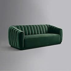 WOODEN WORLD Modern 3-Seater Curved Arm Sofa – Comfortable for Living Room, Guest Room Hotels Velvet (Green-3+3) 2 Year Warranty
