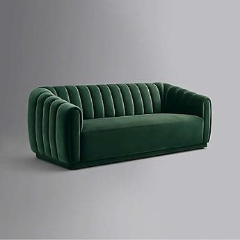 WOODEN WORLD Modern 3-Seater Curved Arm Sofa – Comfortable for Living Room, Guest Room Hotels Velvet (Green-3+3) 2 Year Warranty