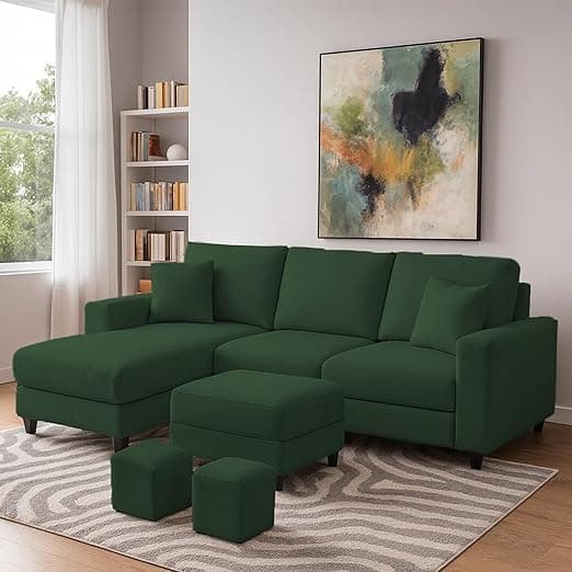 Casaliving Rolando Seater L Shape Sofa Set for Living Room Left Side (Green, 4 Seater with Ottomon - LHS)