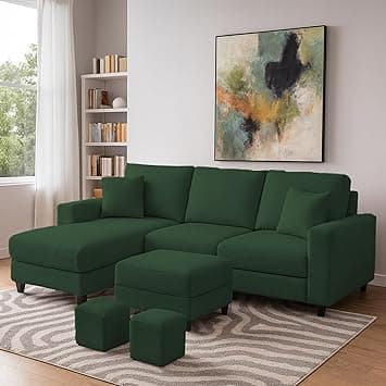 Casaliving Rolando Seater L Shape Sofa Set for Living Room Left Side (Green, 4 Seater with Ottomon - LHS)