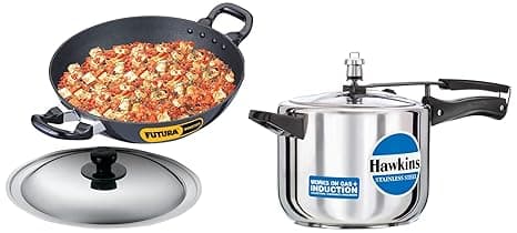Hawkins 5 Litre Pressure Cooker, Stainless Steel Cooker, Induction Cooker - Inner Lid & 2.5 Litre Deep Fry Pan, Non Stick Kadai With Stainless Steel Lid, Round Bottom Kadhai, 5 Liter