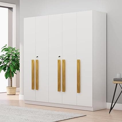 Bniture 5 Door Wooden Wardrobe for Bedroom with Lockable Door & 2 Hanging Space | Engineered Wood Almirah for Clothes | Spacious Storage Cupboard with 8 Shelves (Frosty White)