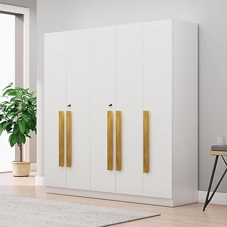 Bniture 5 Door Wooden Wardrobe for Bedroom with Lockable Door & 2 Hanging Space | Engineered Wood Almirah for Clothes | Spacious Storage Cupboard with 8 Shelves (Frosty White)