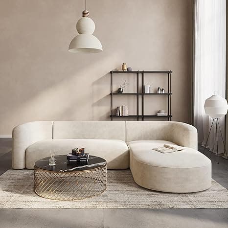 Modern Sofa Chesterfield Design with Stylish Wooden Legs Bouncy Teddy Fabric Sofa for Bedroom, Living Room, Dining Room & Hallway-(3 Seater Beige L Shape).