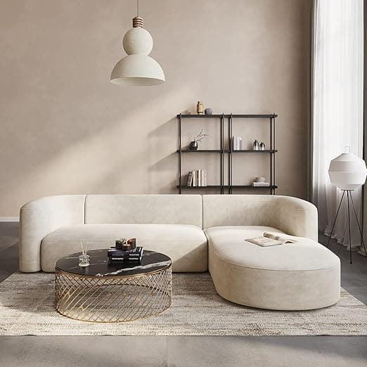 Modern Sofa Chesterfield Design with Stylish Wooden Legs Bouncy Teddy Fabric Sofa for Bedroom, Living Room, Dining Room & Hallway-(3 Seater Beige L Shape).