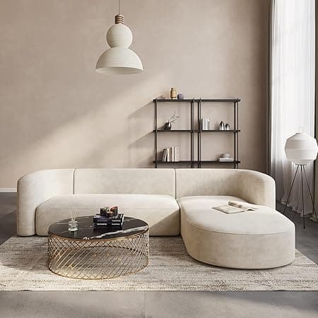 Modern Sofa Chesterfield Design with Stylish Wooden Legs Bouncy Teddy Fabric Sofa for Bedroom, Living Room, Dining Room & Hallway-(3 Seater Beige L Shape).