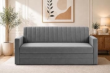 Modern Velvet 3-Seater Sofa Cum Bed with Armrest, Convertible Sleeper Couch Sofa for Living Room, Bedroom & Office-Grey