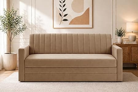 Modern Velvet 3-Seater Sofa Cum Bed with Armrest, Convertible Sleeper Couch Sofa for Living Room, Bedroom & Office-Golden