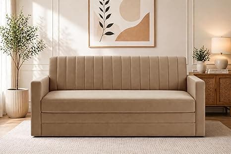 Modern Velvet 3-Seater Sofa Cum Bed with Armrest, Convertible Sleeper Couch Sofa for Living Room, Bedroom & Office-Golden