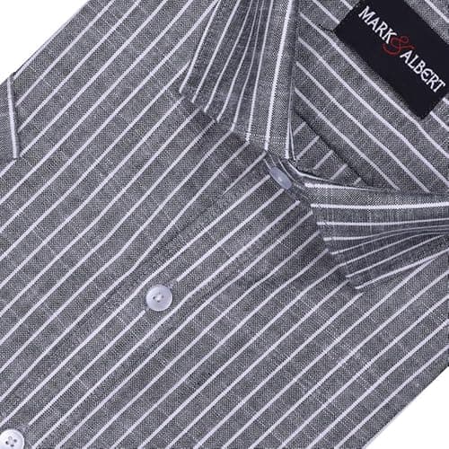 MARK & ALBERT Men's Half Sleeve Cotton Linen Striped Shirt Grey 2
