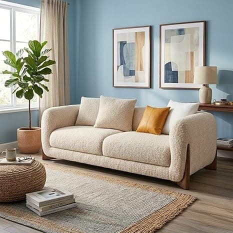 Modern Sofa, Teddy Fabric, Chesterfield Style, Wooden Legs, for Living Room, Bedroom, Hallways (2 Seater)