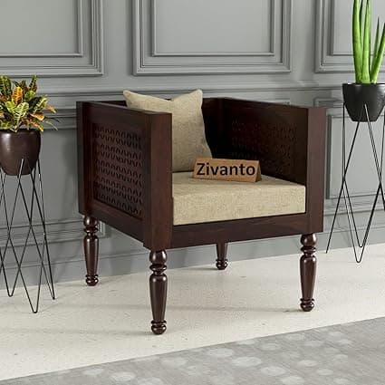 Wooden 1 Seater Sofa Arm Chair for Living Room & Drawing Room | Solid Sheesham Wood One Seater Without Small Pillow | Cushion Color: Beige, Finish: Walnut