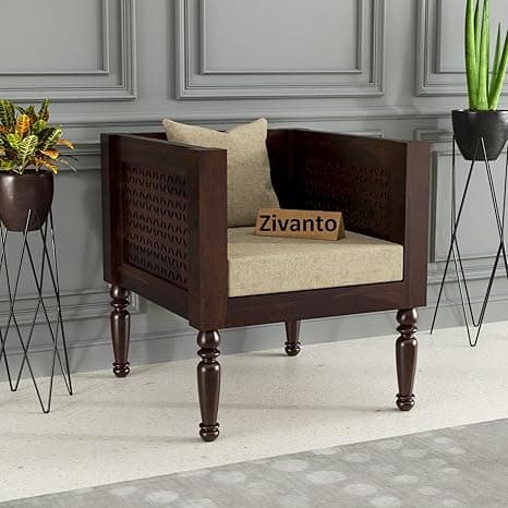 Wooden 1 Seater Sofa Arm Chair for Living Room & Drawing Room | Solid Sheesham Wood One Seater Without Small Pillow | Cushion Color: Beige, Finish: Walnut