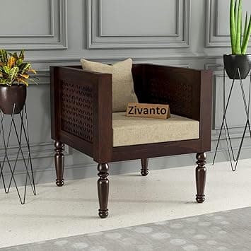 Wooden 1 Seater Sofa Arm Chair for Living Room & Drawing Room | Solid Sheesham Wood One Seater Without Small Pillow | Cushion Color: Beige, Finish: Walnut