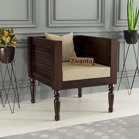 Wooden 1 Seater Sofa Arm Chair for Living Room & Drawing Room | Solid Sheesham Wood One Seater Without Small Pillow | Cushion Color: Beige, Finish: Walnut