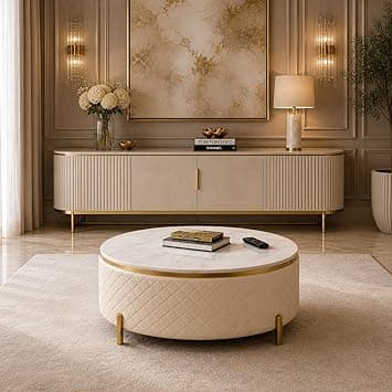 Round Coffee Table 30 Inch with Marble Top & Upholstered Base | Modern Center Table for Living Room | Premium Fabric Finish with Metal Legs | Ottoman Tables for Living Room, Tea Tables (Cream)