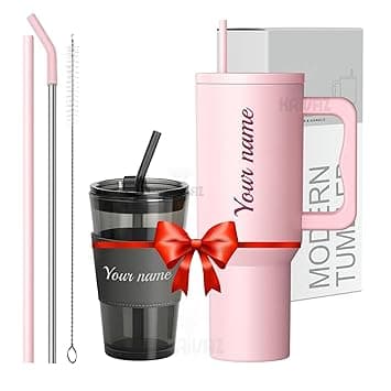 Stainless Steel Insulated Tumbler with Lid & Straw, 100% Leakproof Double Wall Tumblers with Handle, Hot & Cold Drink Sipper for Office,Gym & Outdoors 1200ml Tumbler (Pink + Black Mugs)