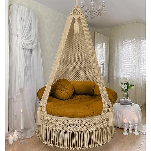 KAAHIRA Bohemian Macrame Hanging Swing Chair– Aesthetic Cotton Rope Hammock for Indoor & Outdoor – Patio, Balcony, Bedroom, Living Room, Garden–Kids, Adults & Pets – Boho Decor (Beige)