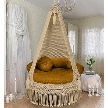 KAAHIRA Bohemian Macrame Hanging Swing Chair– Aesthetic Cotton Rope Hammock for Indoor & Outdoor – Patio, Balcony, Bedroom, Living Room, Garden–Kids, Adults & Pets – Boho Decor (Beige)