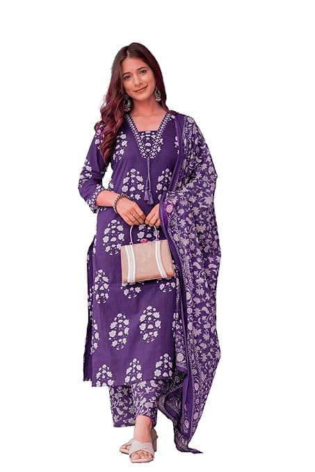 PARTHVI Women's Pure Cotton Printed Straight Kurta Set with Palazzo Pants & Dupatta- Ethnic Wear, Green